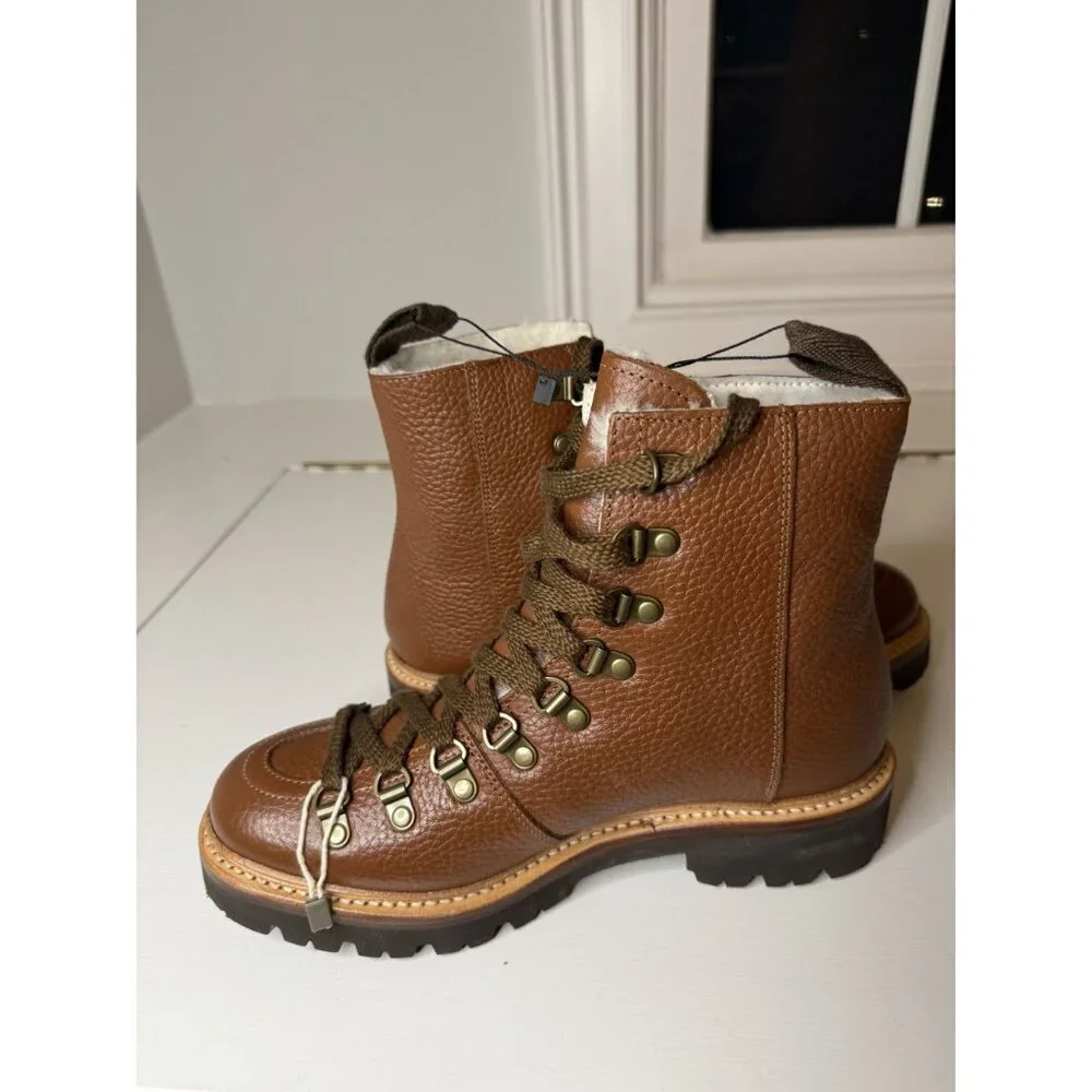 NEW Grenson Nanette Shearling Lined Leather Combat Boots Brown US 6.5 $686 [jb]